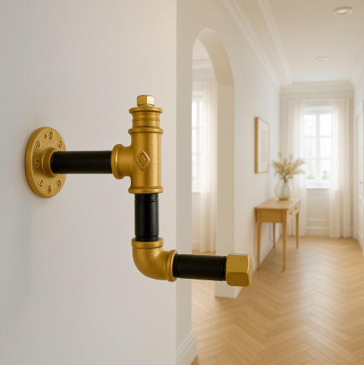 Kleiderhaken/ Garderobe im Industrial Rohrdesign und den Trendfarben Schwarz gold